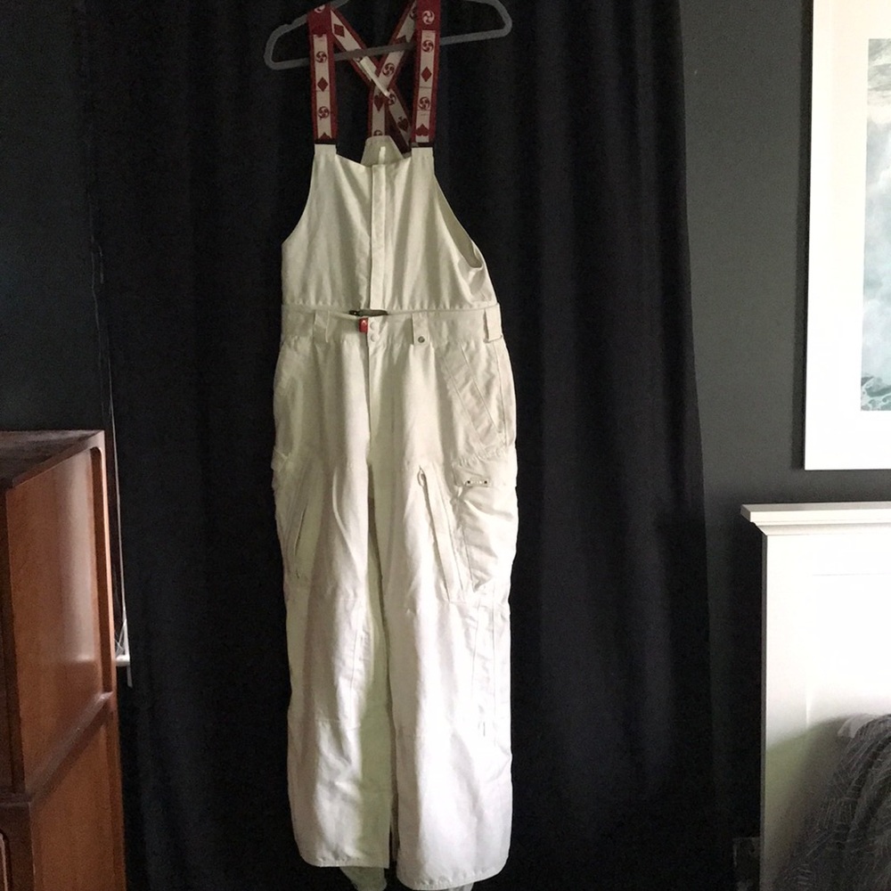 Burton White Snow Bib Overalls with Red Suspenders